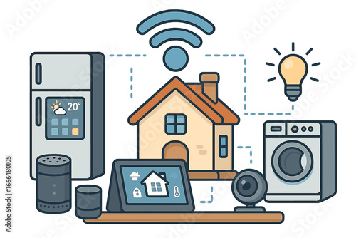 Smart home technology vector concept. Internet of things (IoT) illustration with connected appliances. Home automation system with hub, camera, speaker, light and fridge.