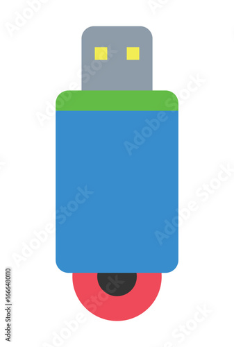 A simple flat vector illustration of a modern USB flash drive, featuring a blue body, green stripe, and a red loop.