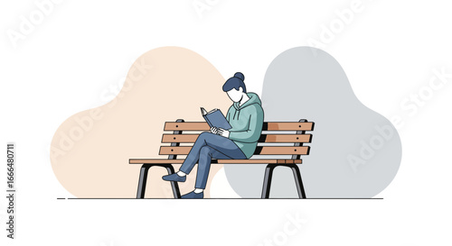 Reading woman on park bench enjoying literature outdoors