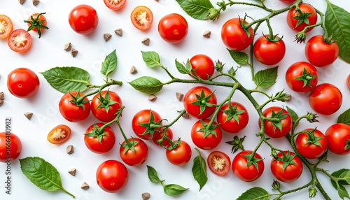 Fresh Red Tomatoes with Green Leaves and Slices on a White Background for Culinary and Healthy Food Concepts