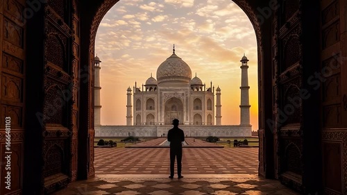 Spectacular Taj Mahal India View from Ancient Doorway at Sunset Featuring Silhouetted Figure in India with Golden Light and Historical Significance