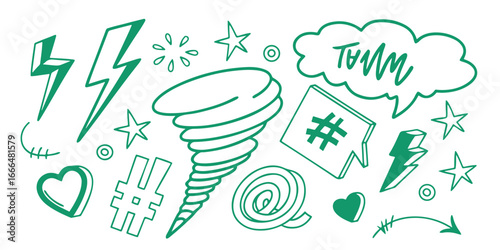 Green hand drawn doodle icons featuring a tornado lightning bolts stars and hashtags isolated on transparent background silhouette