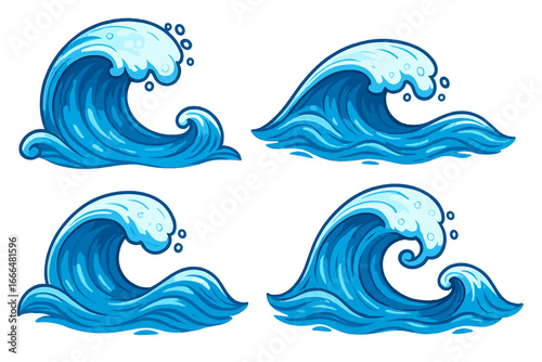 Set of cartoon ocean waves. Stylized sea surf tsunami with water splash and foam. Vector illustration for creative projects. Nautical marine design element, icon, or logo.