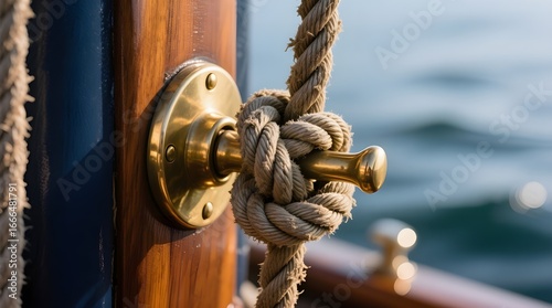 Close-up of a Rope Knot Tied to a Brass Cleat on a Boat