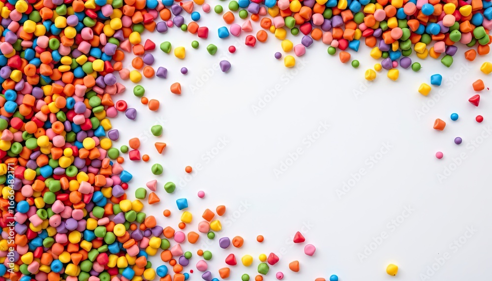 Obraz premium Colorful Assortment of Small Plastic Beads on a White Background Creating a Vibrant and Playful Texture