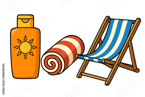 Summer beach essentials vector set with sunscreen, towel, and lounger. Sunbathing vacation and travel items. Sunblock lotion, beach towel, and deck chair cartoon illustration.