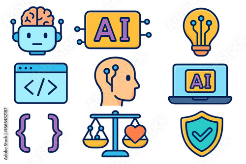 Artificial intelligence icon set. AI technology, machine learning, code, data science concepts. Robot head, brain, innovation, digital ethics, security symbols. Vector pack.