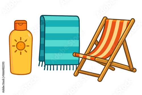 Summer beach essentials set with sunscreen, towel and deck chair. Vector cartoon illustration of vacation items. Sun protection sunblock, lounger and beach towel icon.