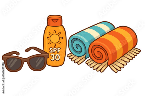 Summer beach essentials vector cartoon set. Sunglasses, sunscreen SPF 30, and rolled towels. Sun protection accessories for a vacation, holiday, or travel concept design.