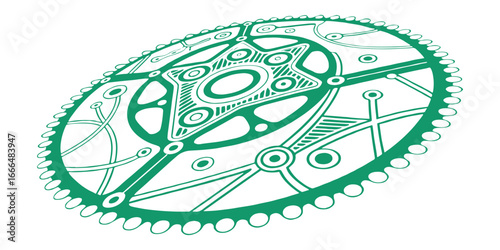 Intricate green bicycle chainring sprocket silhouette with detailed mechanical design isolated on transparent background