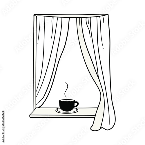 A cup of coffee on a window sill with curtains blowing in the wind in a simple line drawing style