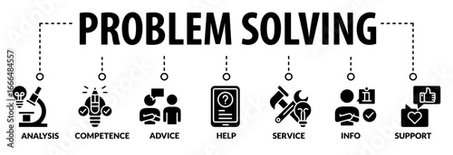Banner problem solving vector illustration concept with icons and keywords