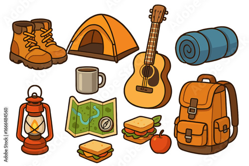 Camping and hiking essentials icon set. Outdoor adventure equipment with tent, boots, backpack, sleeping bag, map, and lantern. Vector cartoon travel and tourism elements.