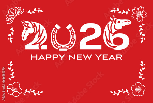 2026　午年　年賀状テンプレート - 数字を形取る馬と和の花のアイコンフレーム