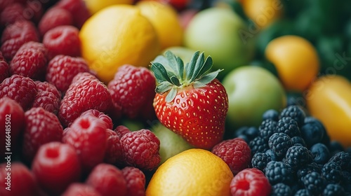 Colorful fresh fruit assortment representing healthy life concept, including strawberries, raspberries, lemons, apples, blueberries, suitable for healthy diet, nutrition popularization