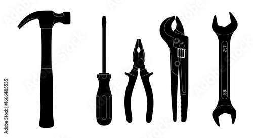 Silhouette of various tools arranged against a neutral background, perfect for illustrating construction, repair, or DIY concepts. The tools shown include a hammer, screwdriver, pliers.