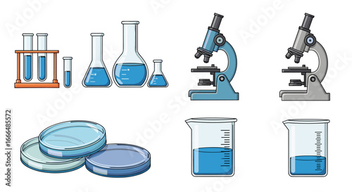 Assortment of science and laboratory equipment with liquids 