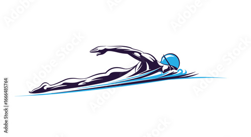A swimmer glides through the water in the freestyle stroke. The swimmer is muscular and focused, with streamlined body position, demonstrating speed and power