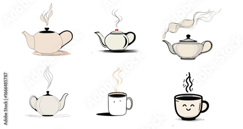 Illustration showing teapots and mugs with steam rising in a whimsical and hand drawn style design