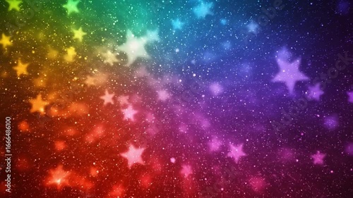 Vibrant sparkling rainbow glitter star background with multicolor abstract glowing particles
