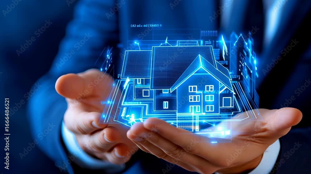 Holographic house model with blue digital interface projected on businessman hand. Technological visualization of property management with glowing circuit connections. Holographic house model with blue digital interface projected on businessman hand. Technological visualization of property management with glowing circuit connections.