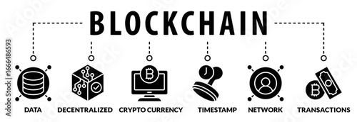 Block chain banner crypto currency concept vector illustration with icons