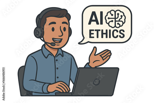 AI ethics concept with a tech support agent. Man with headset and laptop discussing artificial intelligence morality. Digital communication, chatbot, corporate responsibility vector.