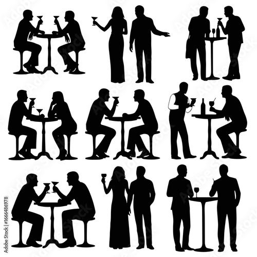 Silhouettes of couples and groups socializing with drinks in bar  