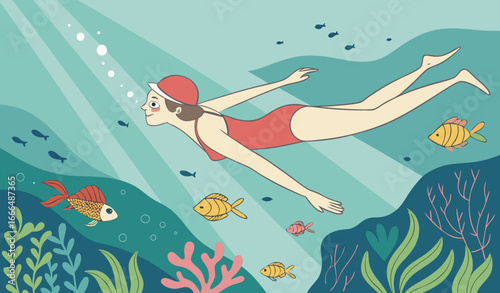 Vector illustration of a woman swimming underwater in a swimsuit and red cap, surrounded by colorful fish and vibrant aquatic plants. Summer, sport, healthy lifestyle, underwater scene.