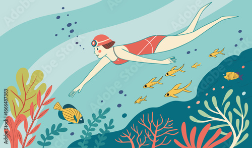 Vector illustration of a woman swimming underwater in a swimsuit and red cap, surrounded by colorful fish and vibrant aquatic plants. Summer, sport, healthy lifestyle, underwater scene.