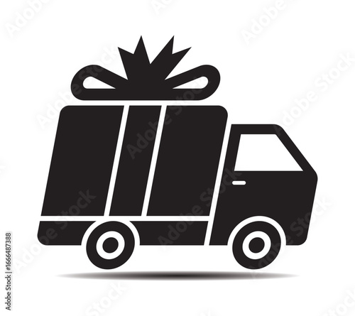 Vector icon of a delivery truck or gift box delivery truck. A sign for a delivery service in an app or website. Vector illustration