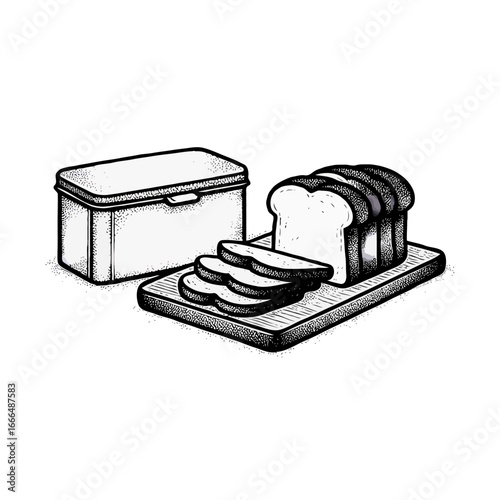 Sliced bread on a wooden board next to a bread box