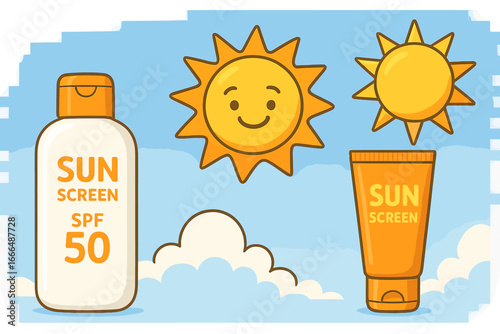 Sun protection sunscreen SPF 50 bottles and cartoon sun icons, summer skincare, UV defense, sunny weather, outdoor safety, illustrated vector, bright day, health care concept