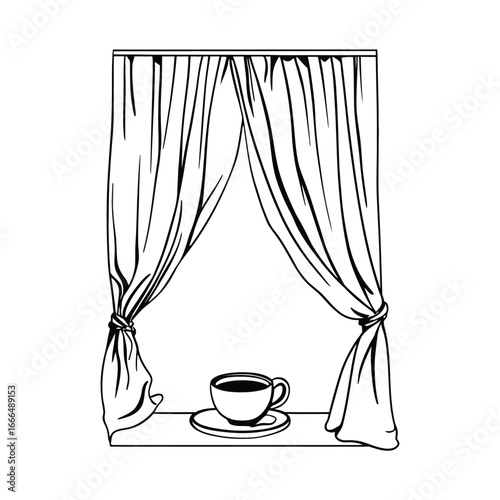 Sketch of a window with tied curtains and a cup of coffee on the sill in black and white contour style