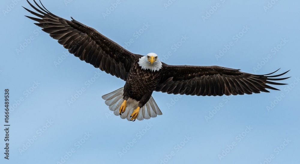 Naklejka premium Majestic Bald Eagle in Flight Against a Clear Blue Sky