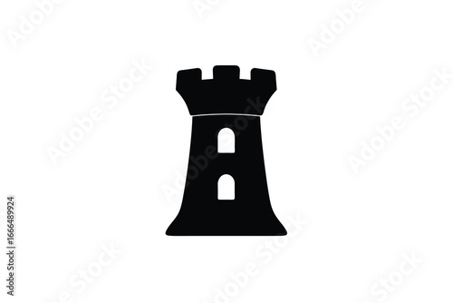 A black rook chess piece on a plain white background silhouette