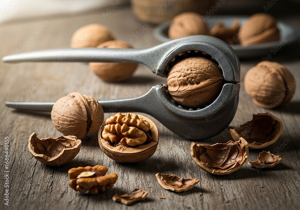 Obraz premium Walnuts cracked open by nutcracker
