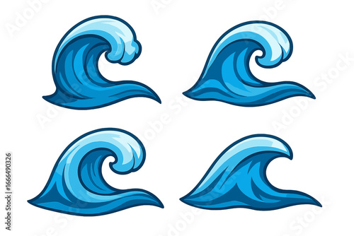 Set of stylized ocean wave icons. Cartoon sea surf collection for logo or decal. Vector water splash, tidal storm and nature tsunami symbol. Graphic beach ripple elements.