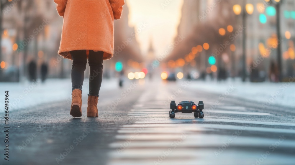 Obraz premium Person walks on snowy street with a toy car in the foreground