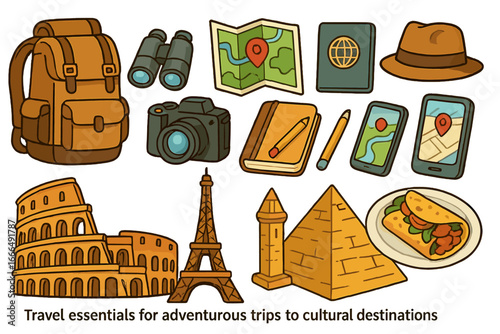 Travel essentials icon set for world adventure. Vector cartoon collection with backpack, camera, passport, and map. Tourism vacation with famous landmarks like Eiffel Tower.