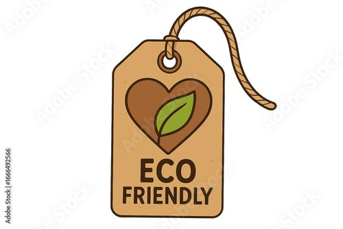 Eco friendly label tag with heart and leaf symbol. Brown paper texture for sustainability, love for nature, and organic products. Vector icon for green, bio, and ethical goods.
