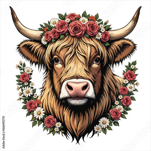 Highland cow portrait adorned with a vibrant floral crown and garland illustration