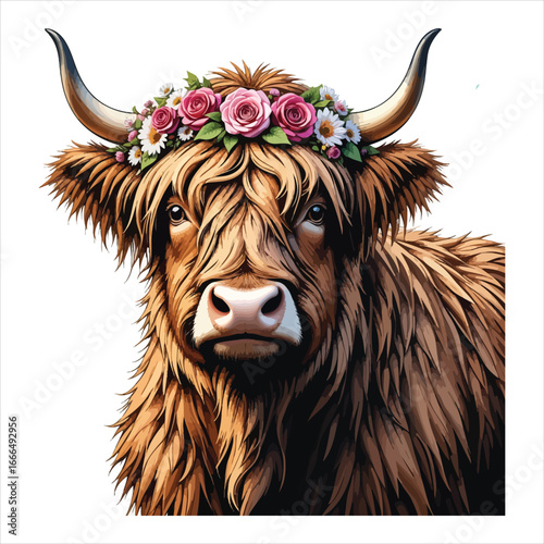 Majestic highland cow adorned with a vibrant flower crown close-up illustration