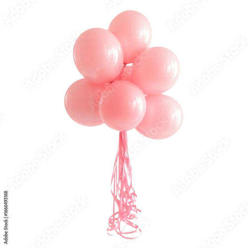 A cluster of six light pink latex balloons tied together with long pink ribbons on transparent background