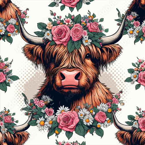 Highland cow with pink floral crown and bokeh effect repeating pattern illustration