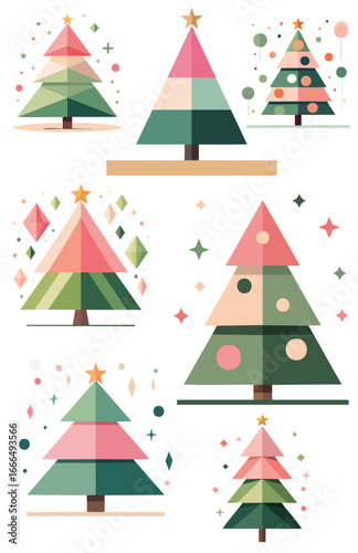 Stylized geometric Christmas trees made of triangles and patterns, colorful modern flat vector, perfect for Christmas 2025 cards, wrapping paper, posters, or holiday minimal design.