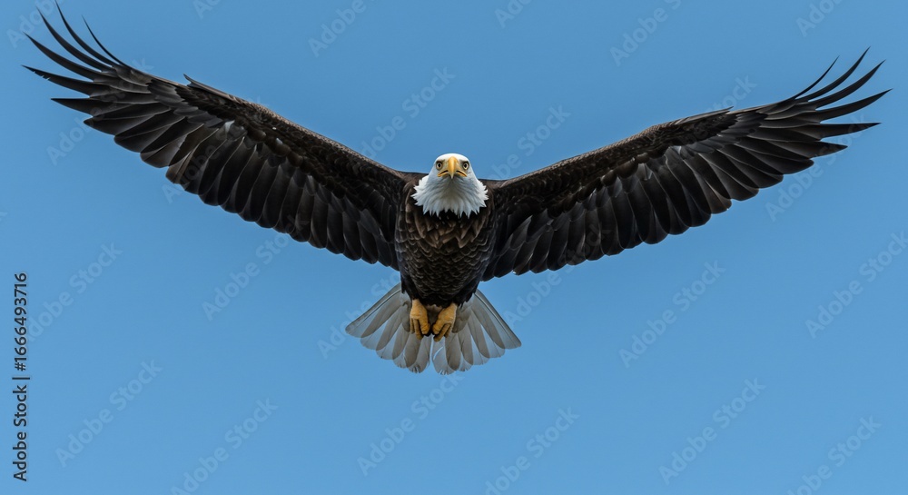 Naklejka premium Majestic Bald Eagle in Flight Against Clear Blue Sky