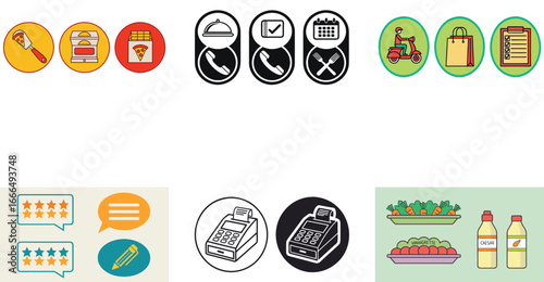 Food service and customer feedback icons pizza slice