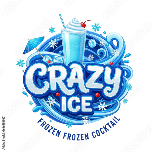 Crazy Ice Frozen Cocktail: Blue Drink Logo with Whipped Cream and Cherry.