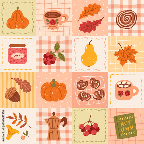 Vintage fall cozy seamless pattern. Cute autumn mosaic. Seasonal funny print. Hand drawn pumpkins, fall leaves, acorn, book, jam, mushroom, cinnamon buns, raspberry. Vector elegant background.